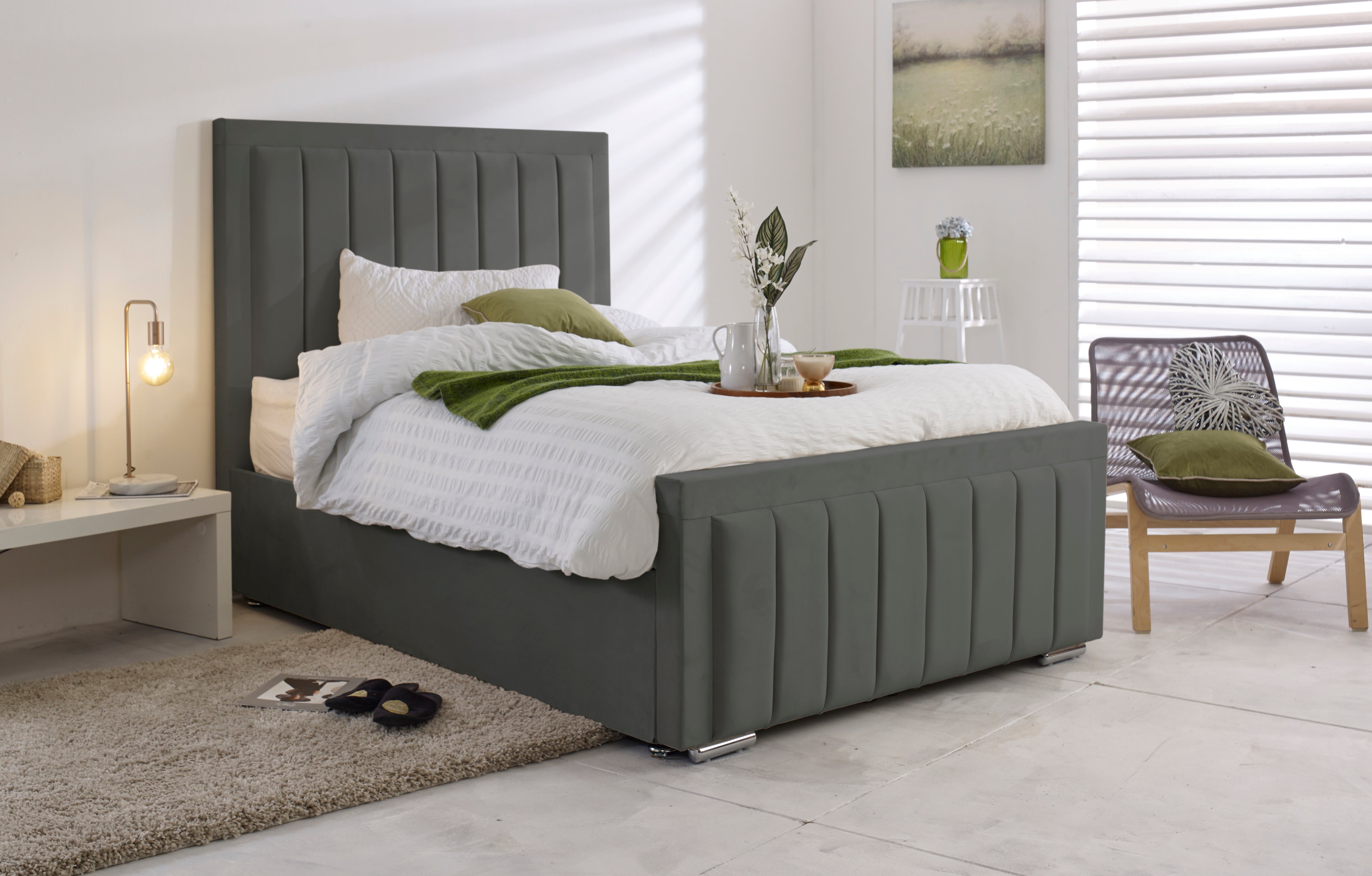 Dark grey online velvet ottoman bed